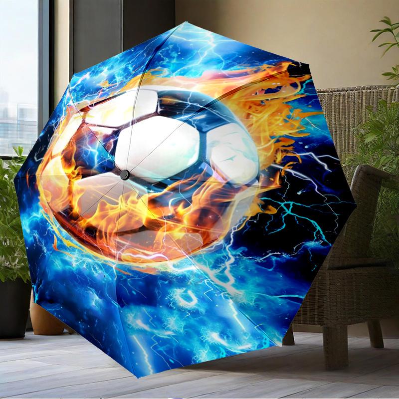 Soccer Ball Bursting Through Umbrella Folding Umbrella, Automatic Umbrella 8-Frame for Travel, Camping Use Gift for Halloween Christmas