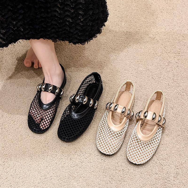 Foreign trade large size metal buckle mesh Mary Jane single shoes women's 2025 summer new European and American fashionable flat comfortable shoes