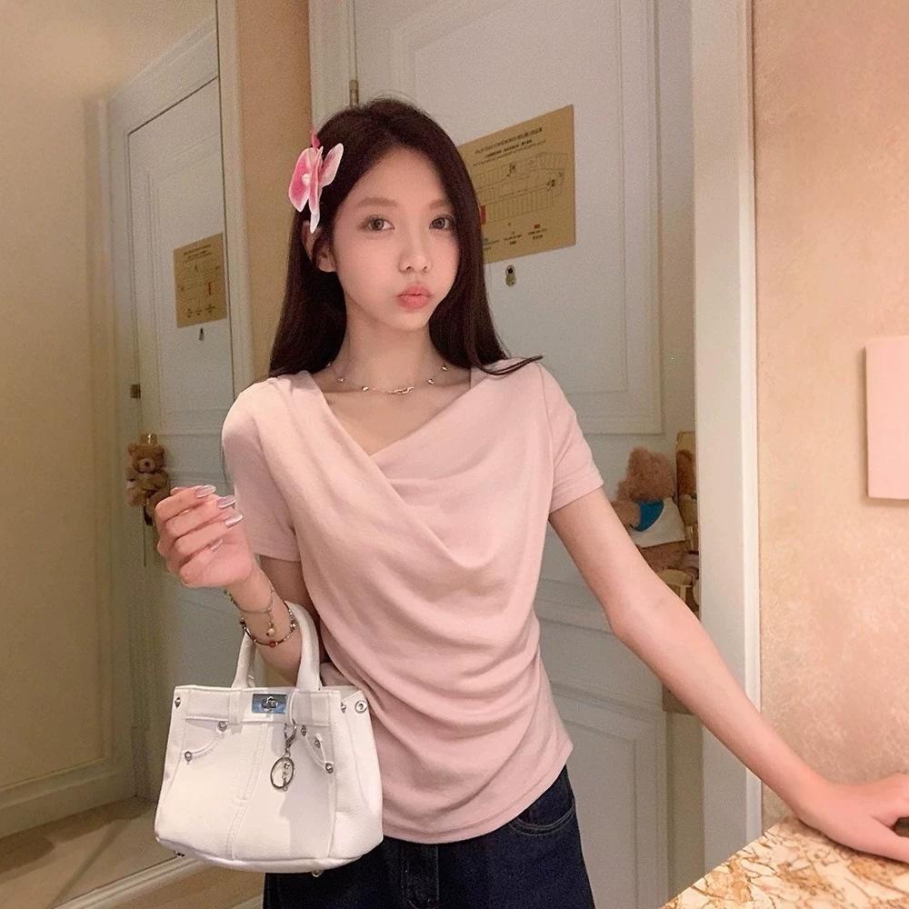 Summer Irregular Pure Desire Design Sentimental Neck Front Shoulder Skinny Short Sleeve T-Shirt Women