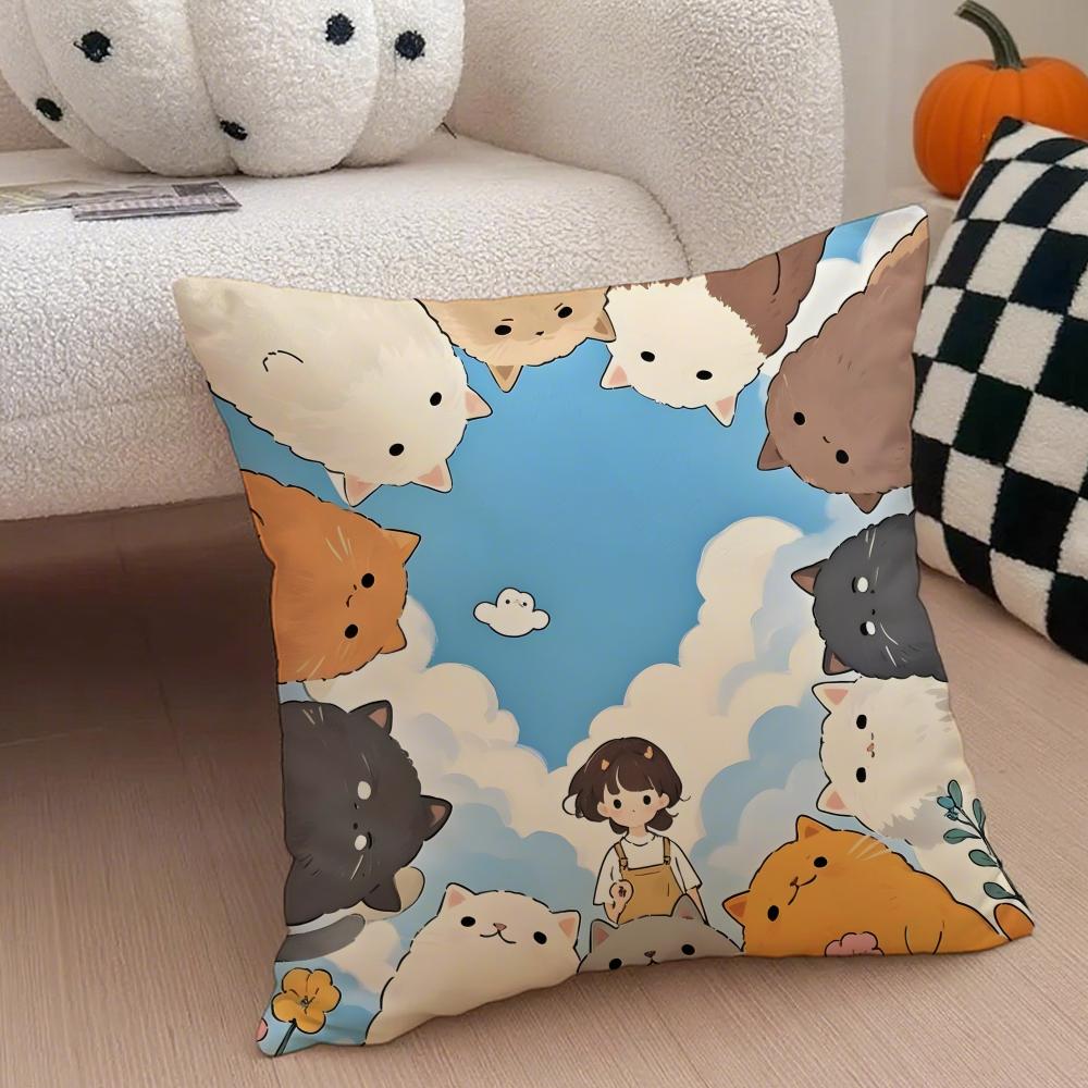 Cartoon Cute Cat Picture For Wake Up Cushion Cover Throw Pillow Cover Hidden Button Durable Polyester Chair Cushion