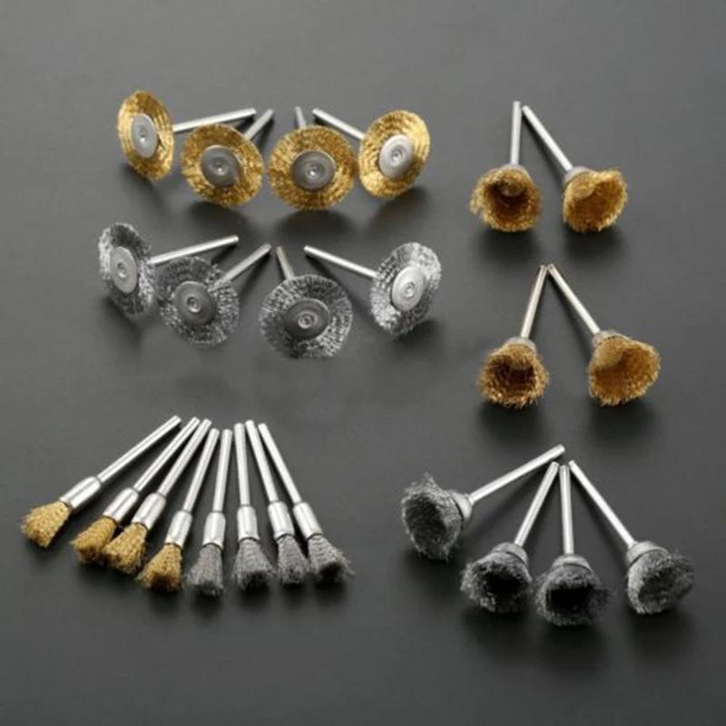24pcs Brass Steel Wire Wheel Brush Polishing Grinder Accessories Rotary Electric Tool Kit For Engraver Steel Polishing Grinding