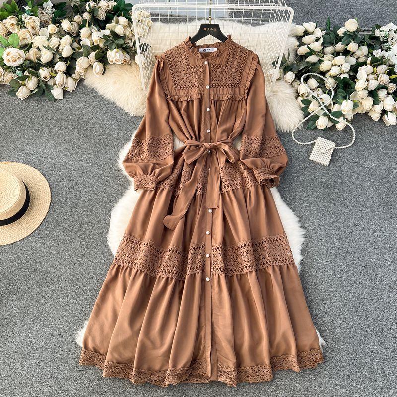 

Ruffled Collar Silm Long Hollow Dress Breasted Coffee 2XL