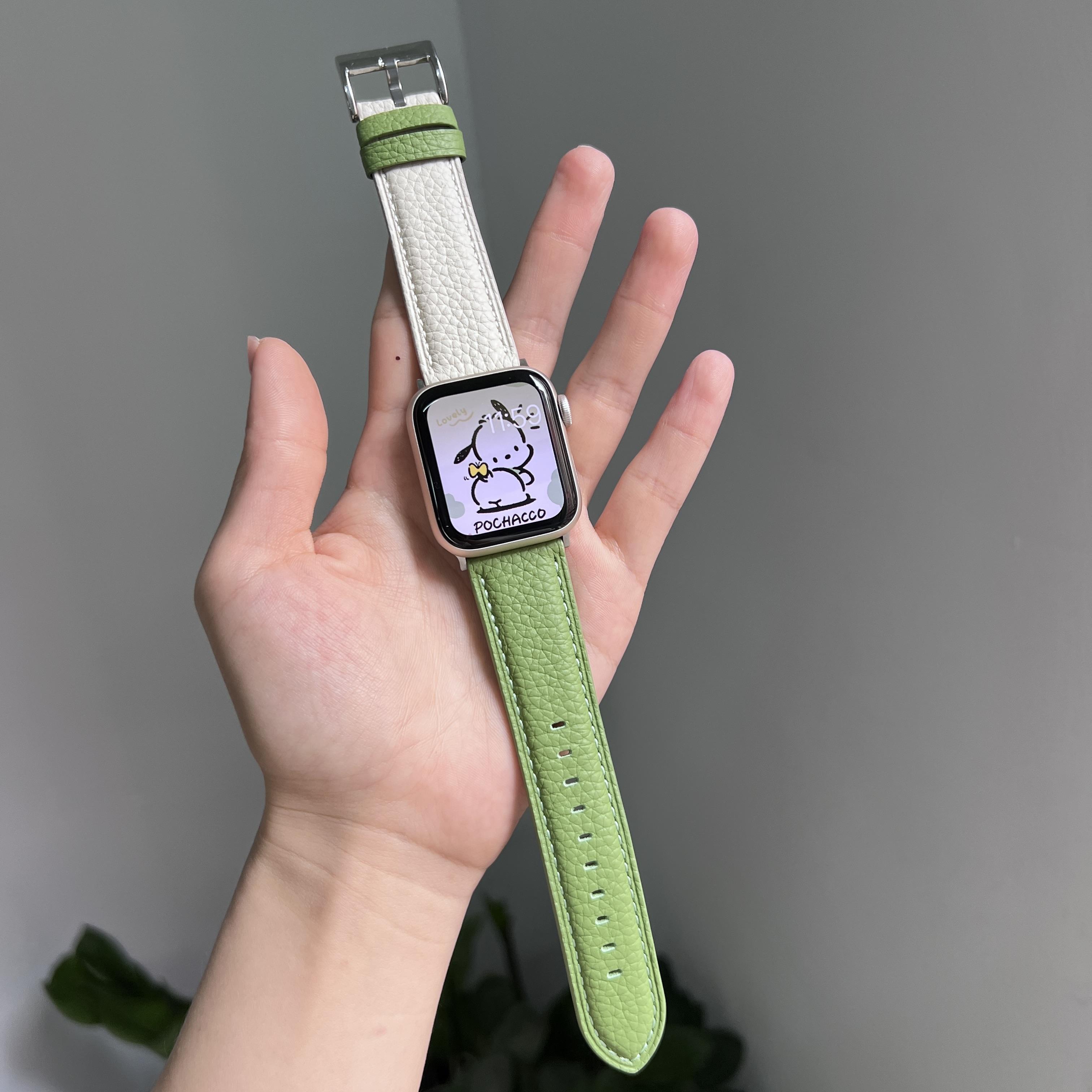 

Leather link For Apple Watch band women Series Ultra 10/9/8/7/6/5/4/3/2/1 SE 38mm 40mm 41mm 42mm 44mm 45mm 46mm 49mm Strap 38mm40mm41mm 42mmS10 зелёный