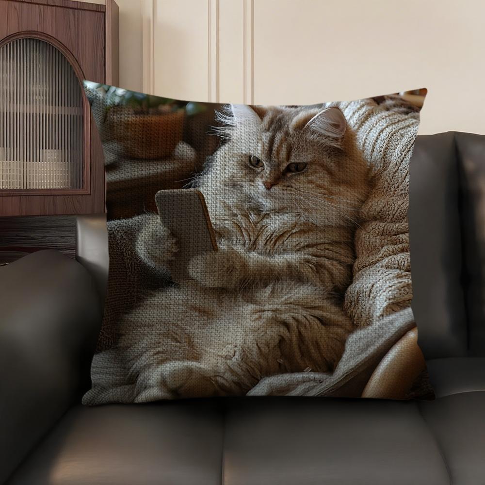 Cute Cat Holding Phone Cushion Cover Natural Linen Organic Fabric DoubleSided Printing Sofa Home Decor Gift Pillow Case