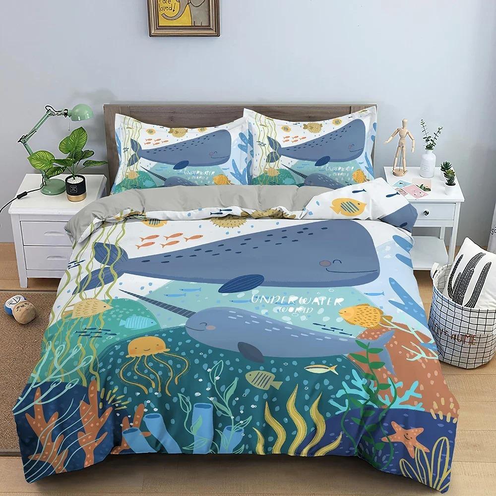 

Cartoon Pattern Bedding Set Sea Animals Duvet Cover Set Underwater World Quilt Cover With Pillowcase Home Textile For Kids EU Single 135x200cm