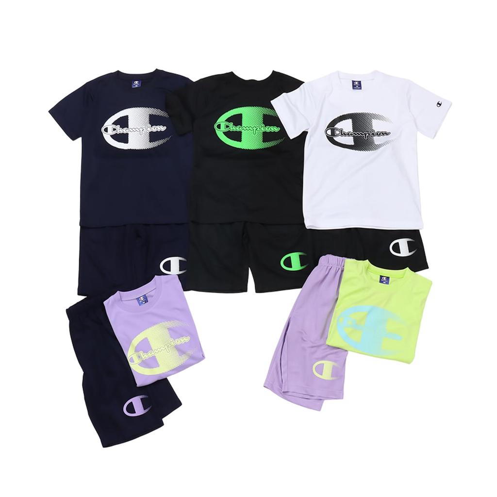 Champion Short Sleeve Crew Neck Quick Graphic Logo Shorts Basic Size 130 Kids' T-Shirt, Drying, Print, T-Shirt & Set, Sports, CK-ZSW02, Black,