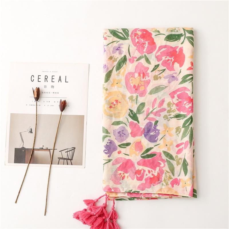 Early Spring Bright Color Tropical Plant Flower Print Cotton Linen Hand Touched Character Patterned Beach Towel Long Hanging Tassel Shawl For Women