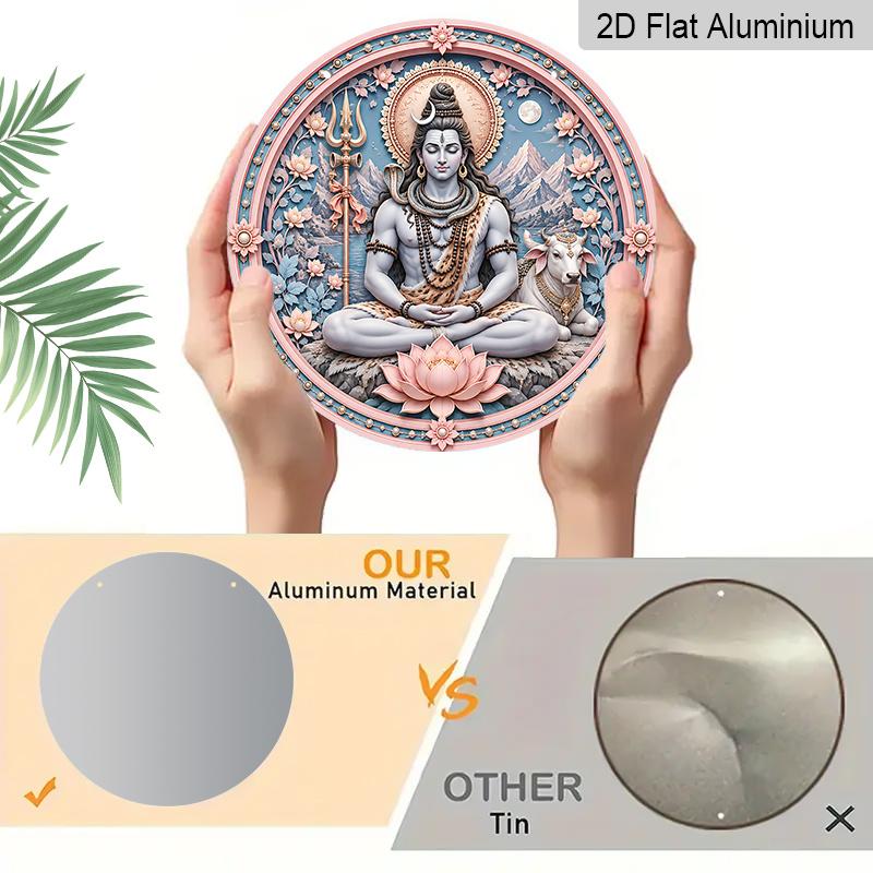 2D Flat, 1pc Round Aluminum Hanging Sign, Soft Pink Blue Pearl Frame Lord Shiva Nandi Bull Trishul Pink Lotus Full Moon Mountain Print, Maha