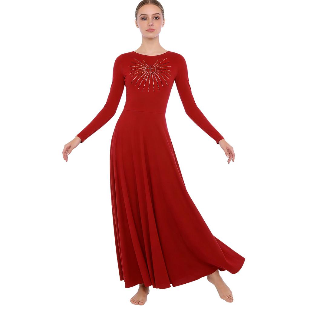 S-XXL Dámské liturgické lyrické taneční šaty Přední kamínky Dlouhý rukáv Kulatý výstřih Liniové maxi tuniky pro kostelní sbor, bohoslužby, modlitební akce