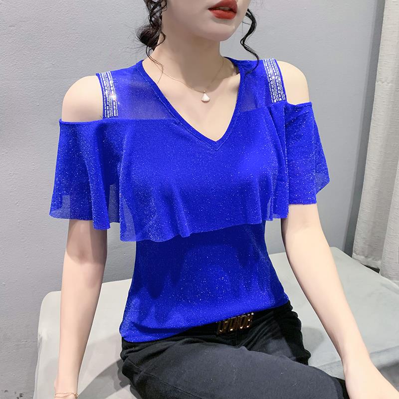 

Футболка 2024 Chic с открытыми плечами и ромбовидным акцентом на рукавах с изображением лотоса 3XL синий