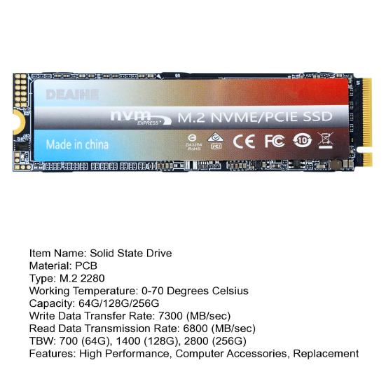 PCIe 4.0 M.2 NVMe SSD Speed Up To 7300MB/s Read 6800MB/s Write 64/128/256GB Internal Solid State Drive for PC Laptop Desktop Computer