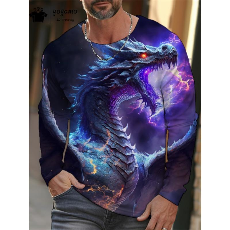 Dragon Print Men's Clothing 3D Print Men's Long Sleeve T Shirt Classic Casual Mens Clothing Breathable O-Neck T Shirt Men Tops