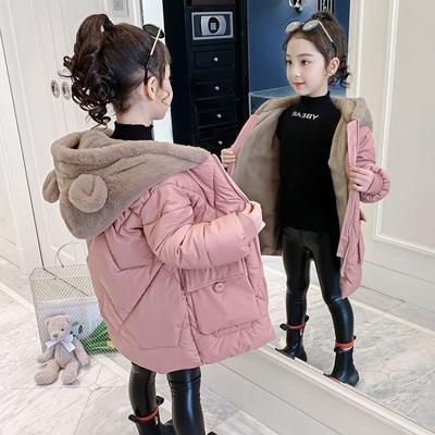 Girls Hooded Plus Velvet Thicken Outerwear Winter Warm Coats Parkas Jacket Cute Solid Down Jackets Kids Casual Clothes