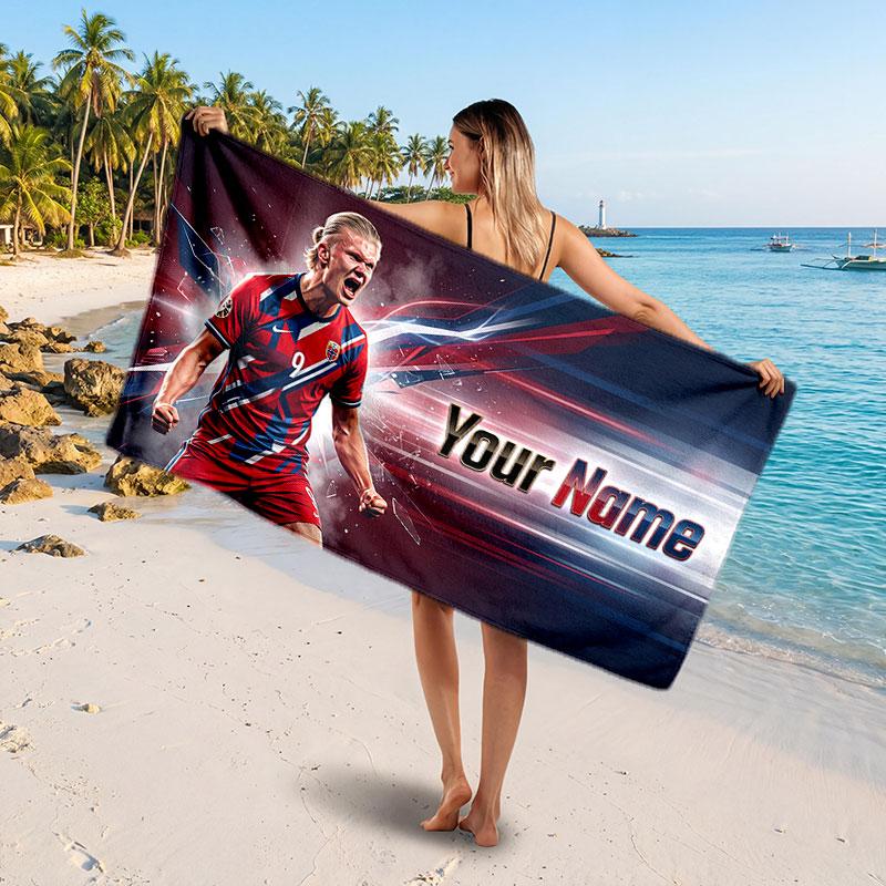 Erling Haaland Custom Beach Towel, Personalized Name Text Print, Football Logo Soft Quick‑Dry Towel Holiday Gift