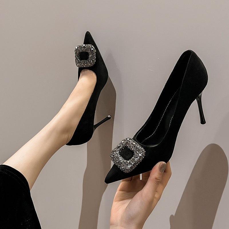 Square Buckle High Heels Temperament Advanced Not Tired Feet Thin Heels Black Work Shoes Pointed Single Shoes 2025 Autumn