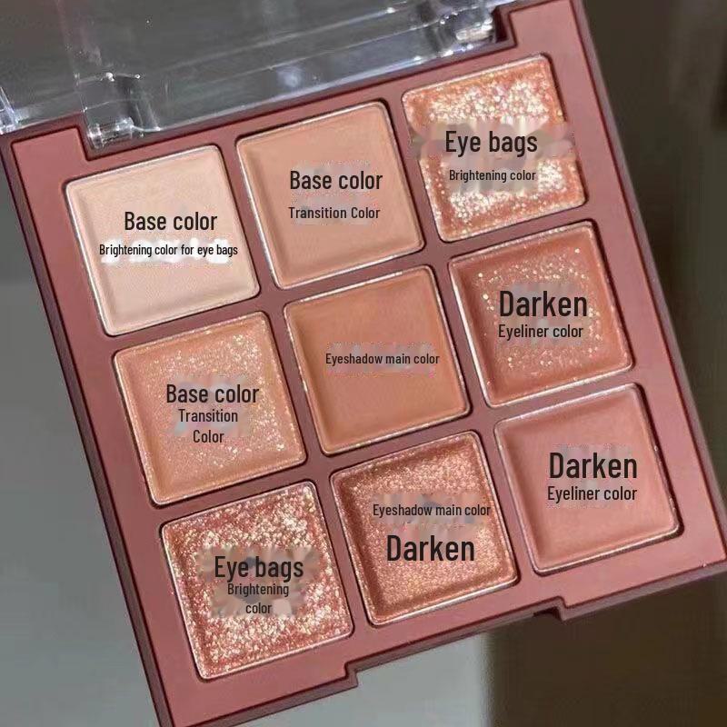 Nine-Color Waterproof Matte & Glitter Eyeshadow Palette - Long-lasting, Sweat-proof, and Brightening.