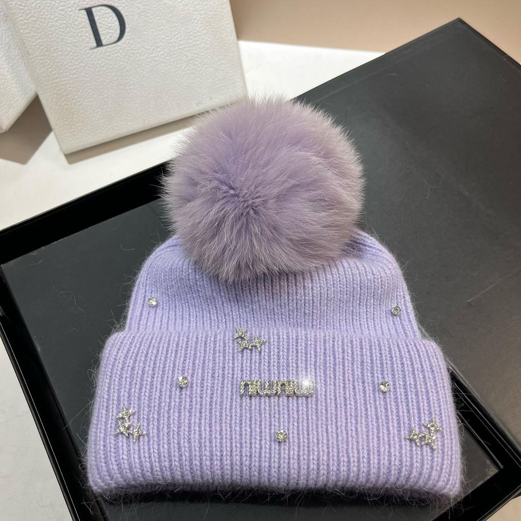 Light Luxury Rhinestone Min Small Fragrant Style Design Big Hairball Knitted Hat Winter Sweet Plush Warm Rabbit Fur Wool Hat