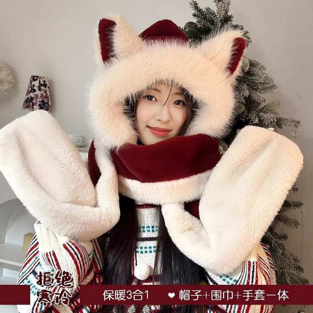 High-end Ankara Red Wolf Ears Plush Hat Scarf Women's Boutique Knitted Women's Hat