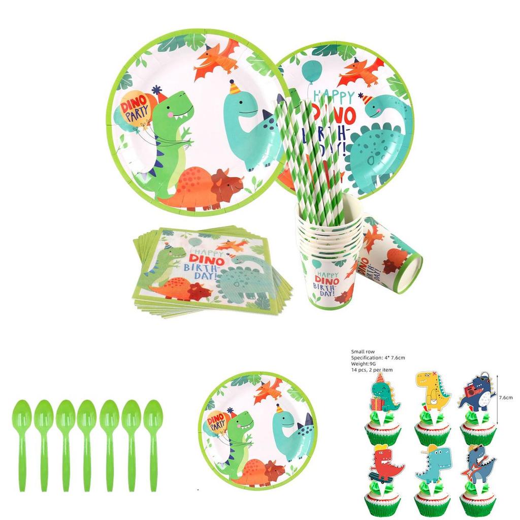 Suministros de Fiesta de Cumpleaños de Dinosaurios de Dibujos Animados Coloridos Vajilla Platos Vasos Set de Pancarta