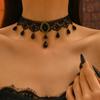 Vintage style dark red rose long fringed necklace goth black lace collarbone chain collar