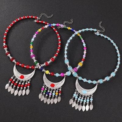 Collier string de perles de verre style national avec pendentif pendant, collier rétro pour femmes