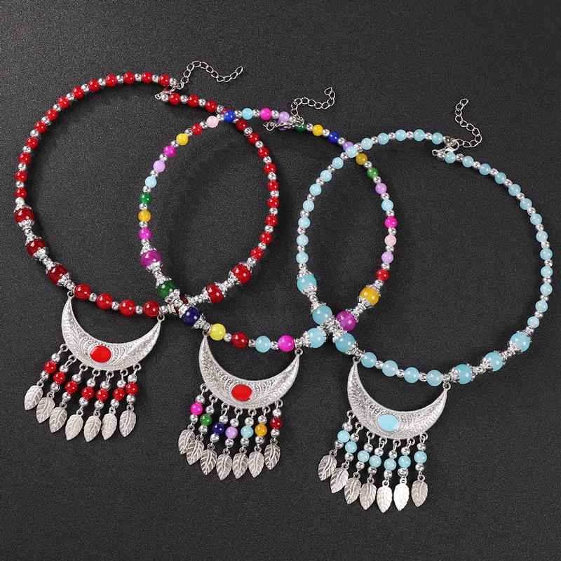National Style Glass Bead String Necklace with Dangling Pendant, Women's Retro Necklace