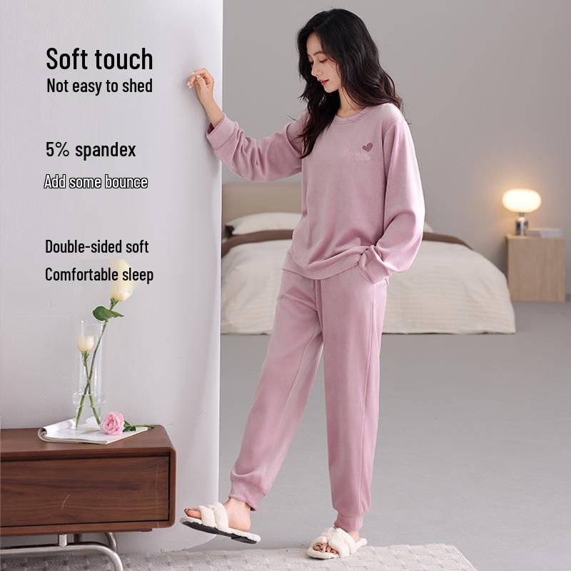 Doppelseitiges Fleece-Pyjama-Set für Damen - Winter, Dickes Samt, Langärmelig, Rundhals, Locker, Lässig, Für Draußen