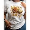 European Size Women'S Floral Geometric Print T-Shirt - Golden Rose Leaf Design On, Short Sleeve Crew Neck Casual Top, Lightweight Breathable