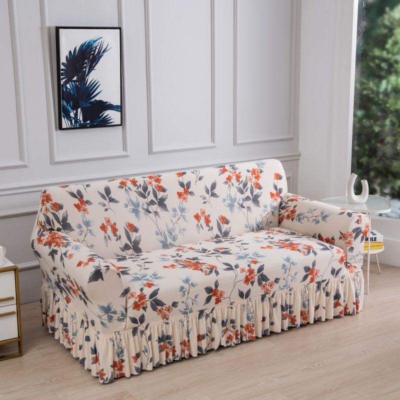 Floral Digital Print Elastic Sofa Cover with Ruffled Hem - Stretchy One-Piece Design, Adjustable Straps  Couch Covers for Sofa