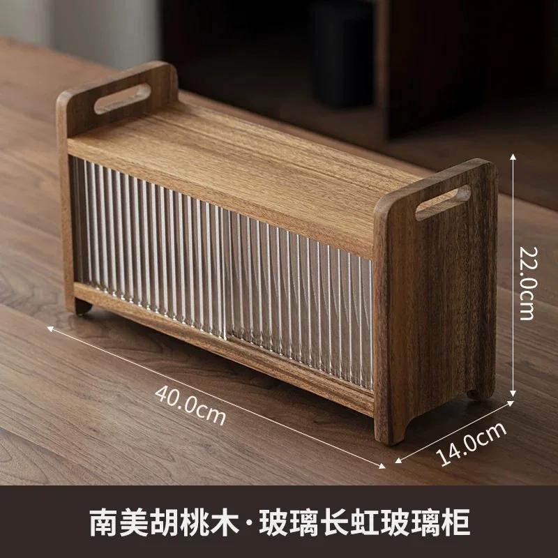

Wooden desktop storage cabinet Glass teapot Tea set Tea cup shelf Shelf Water cup storage cabinet