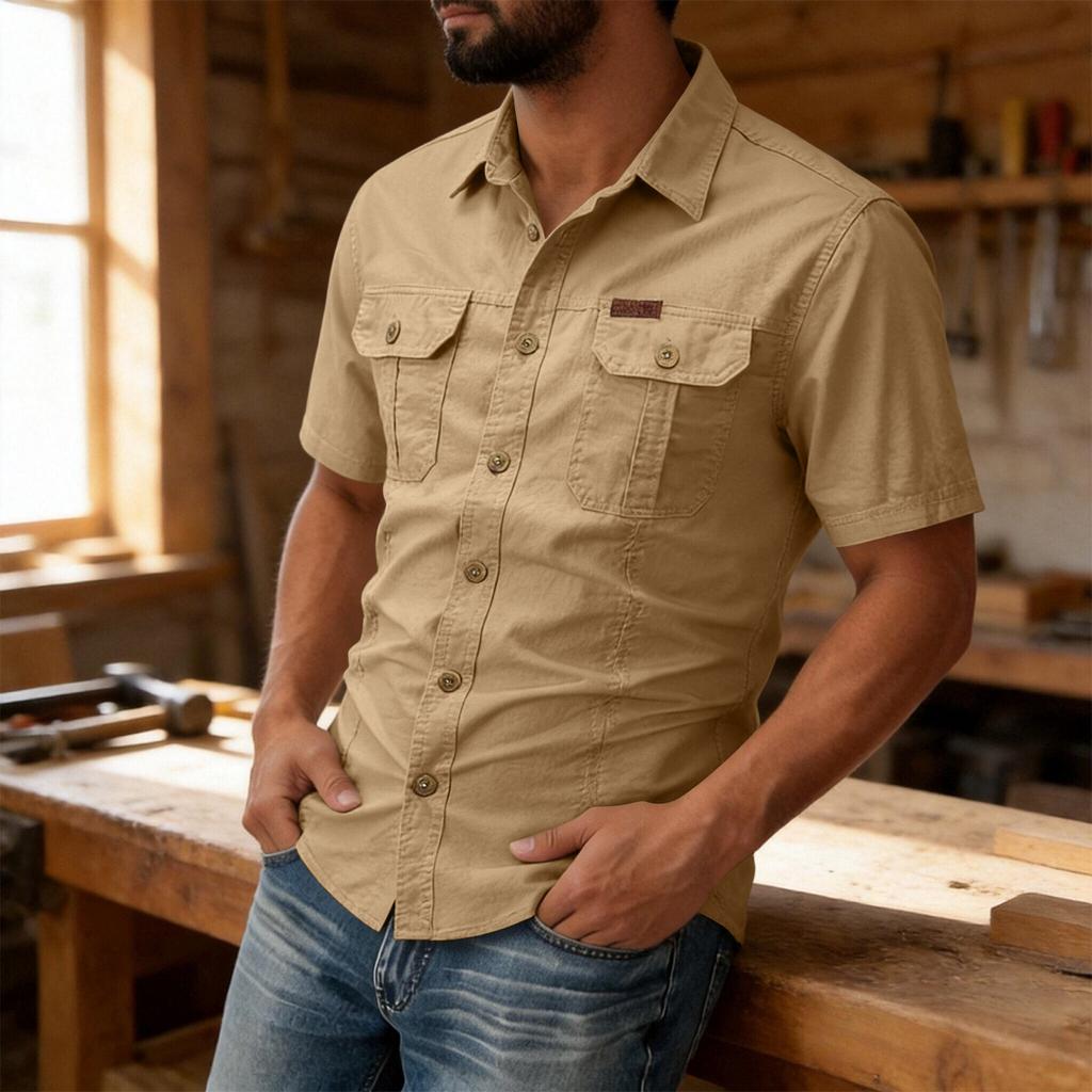 Men's Short Sleeve Button Down Shirt Collar Loose Fit Work Shirt with Pockets Color Casual Everyday Wear