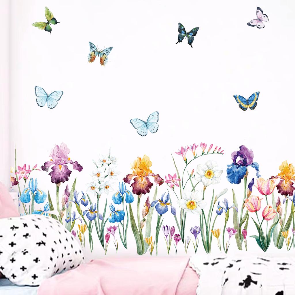 1Pc Watercolour Flower Butterflies Wall Stickers Children's Room Decor Home Essentials Bedroom Decoration Living Room Wall Decal