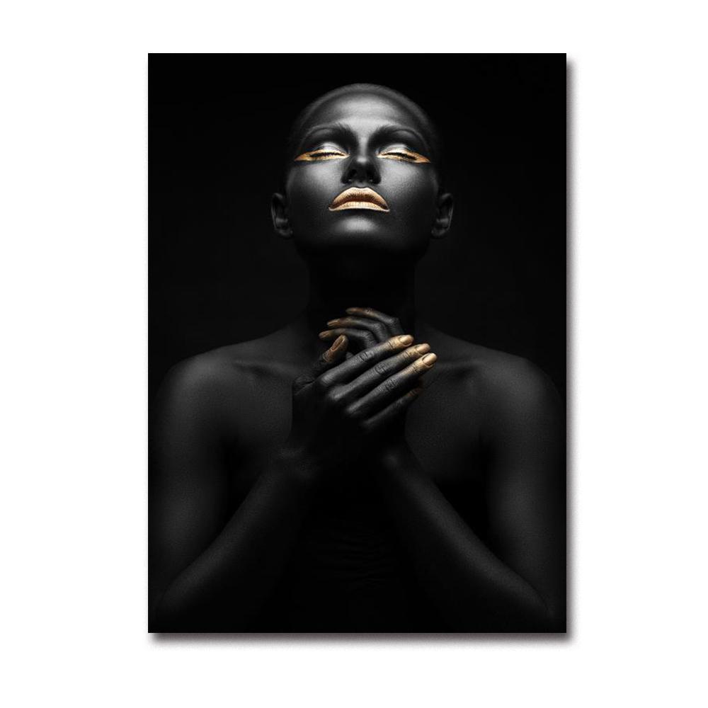 Modern Home Black Skin Woman Golden Makeup Modeling Canvas Painting Wall Art Poster Prints Bedroom Living Room Decoration Murals