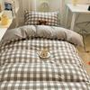 3/4piece Bedding Set Washed Cotton Simple Blue Grid Quilt Cover Sheet Human Bed Sheet Simple Style Bed Linen Bedclothes