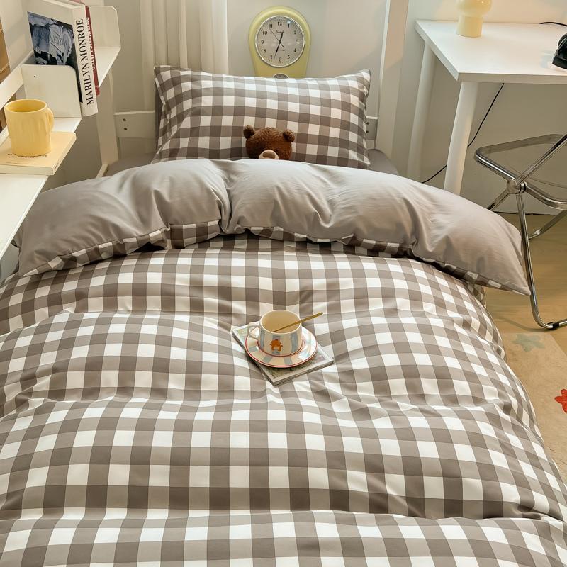 3/4piece Bedding Set Washed Cotton Simple Blue Grid Quilt Cover Sheet Human Bed Sheet Simple Style Bed Linen Bedclothes