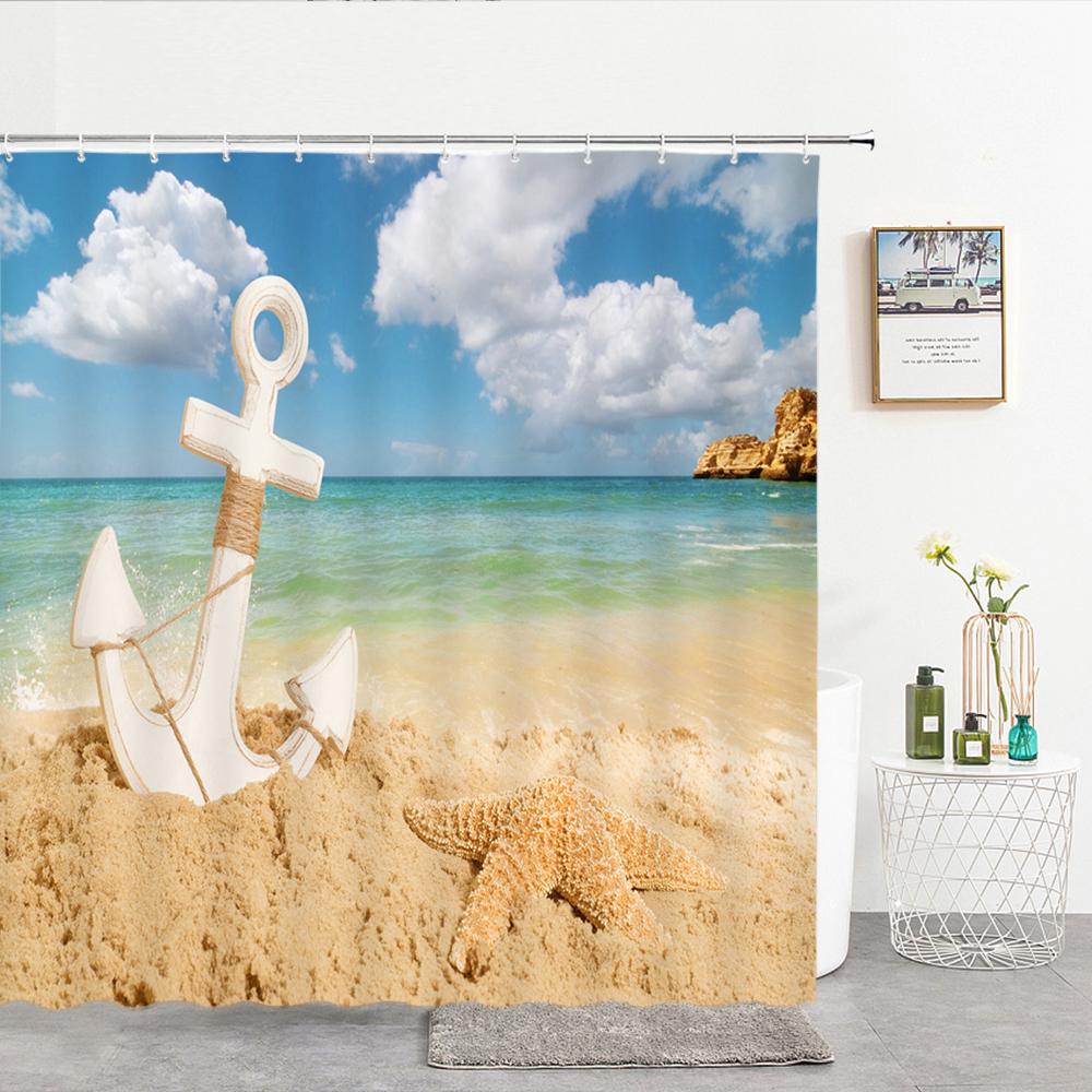 High Quality Sea Beach Shell Printed Shower Curtains starfish Bath Curtain Screen Waterproof Products Bathroom Decor with Hooks