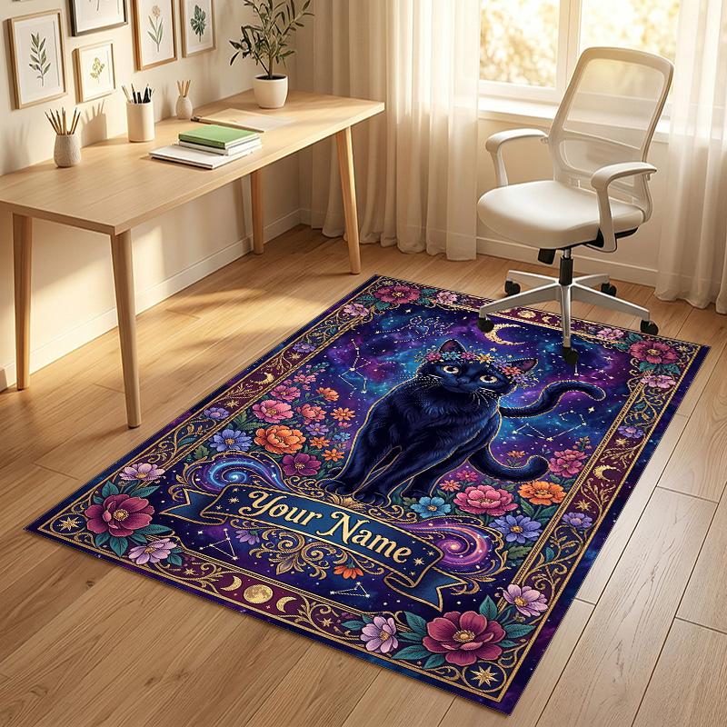 Cosmic Cat Theme Soft Crystal Velvet Rug Custom Name & Text Print Non Slip Floor Rug for Bedroom Living Room