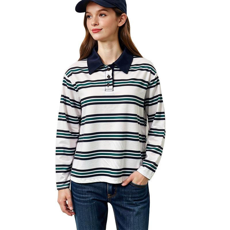Fashion Striped POLO Shirt Long Sleeve 2025 Autumn Retro Pullover Top Women