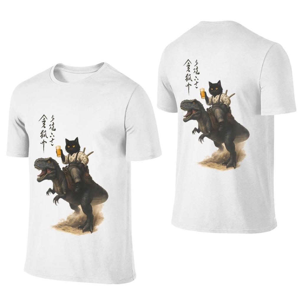 Korean Straight Fit Reversible Tee Samurai Cat Riding Dinosaur Cheers To Chaos Print Premium Finish Casual Style