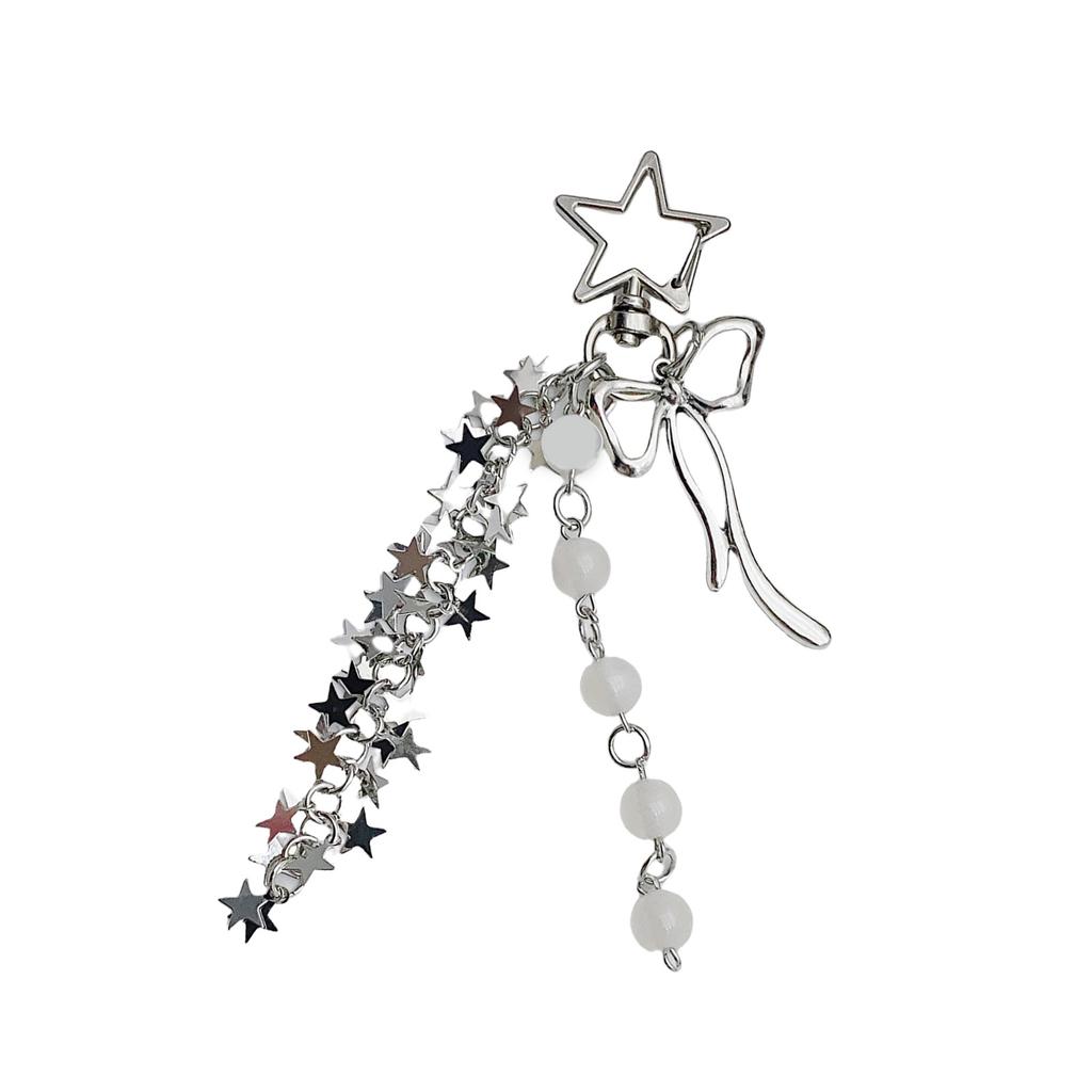 Stylish Star Tassels Bowknot Beaded Keychain Hanging Key Ring Handmade Phone Chain Accessories for Women and Teens