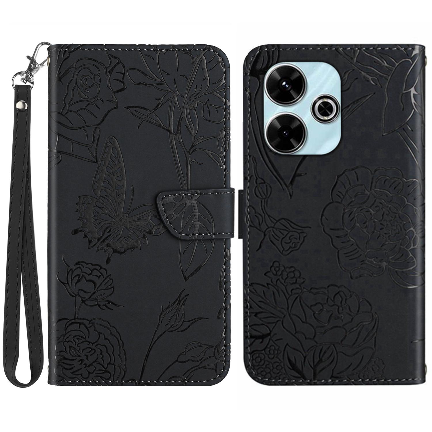 

HT03 For Xiaomi Redmi 13 5G/13 4G Case Floral Butterfly PU Leather Phone Cover with Hand Strap Black