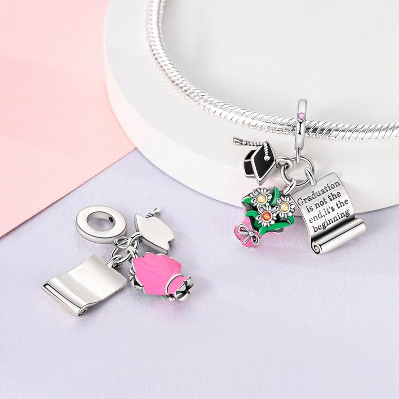 Graduation Series 925 Silver Charms Beads Pendant Flowers Cap Heart Fit Bracelet DIY Jewelry Gift for Party