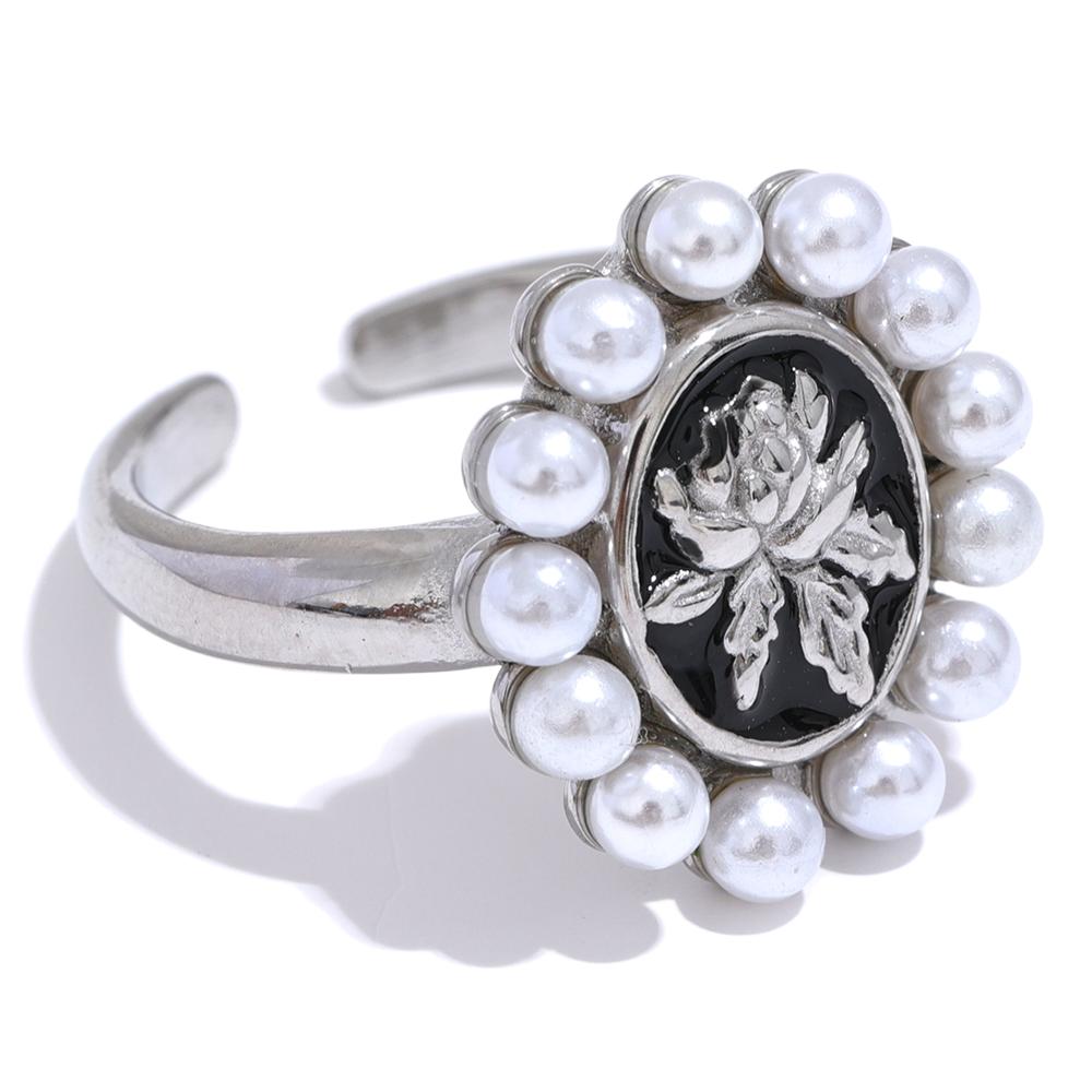 

Yhpup Vintage Imitation Pearls Black Enamel Stainless Steel Flower Oval Ring Elegant Trendy Finger Jewelry for Women Gala Gift 7