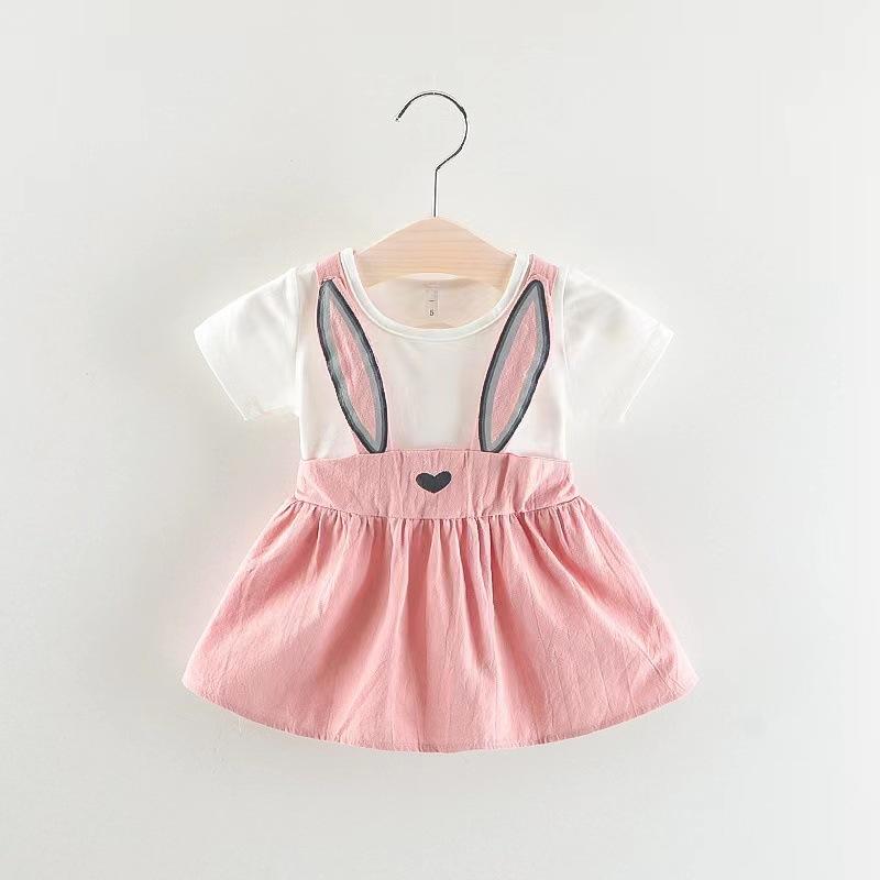 Spring Girls Solid Long Sleeve Dress With Bunny Ears Fake Two Piece Princess Dress For Toddler Baby
