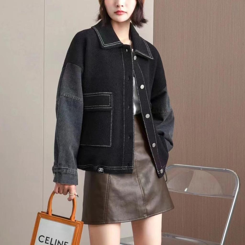 Denim spliced woolen jacket women's 2025 autumn new outer wear short loose knitted cardigan women's fashion top