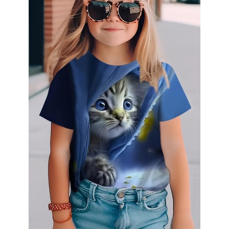 Youngsters' 3D Blue-Eyed Kitten Graphic T-Shirt | Unisex Polyester-Spandex Blend | Breathable