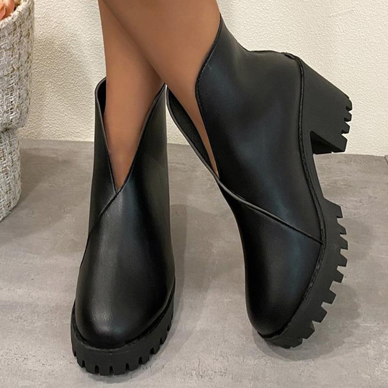 Fashion Elegant Black Platform Modern Boots Women Autumn Winter Faux Pu Leather Ankle Boots Woman Plus Size 35-43 Soft Insole Botas Lady