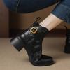 Krazing Pot Sheepskin Round Toe Thick Heels Chelsea Boots Size 42 High Quality Women Keep Warm Metal Buckle Ankle Boots