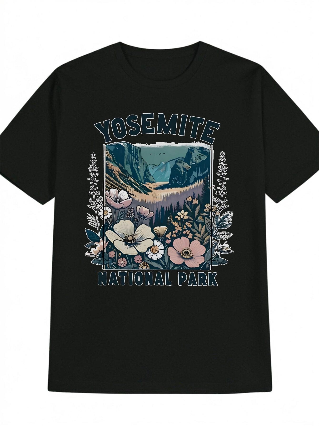 

Yosemite National Park Graphic T-shirt - Black Casual Short Sleeve Round Neck Tee with Mountain River Landscape Print XXL