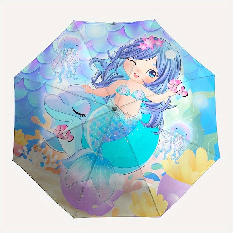 Mermaid,Dolphin Themed Automatic Folding Umbrella  8 Ribs Durable Iron Frame, Vibrant Color Design, Compact Travel Umbrella for Beach, Outdo